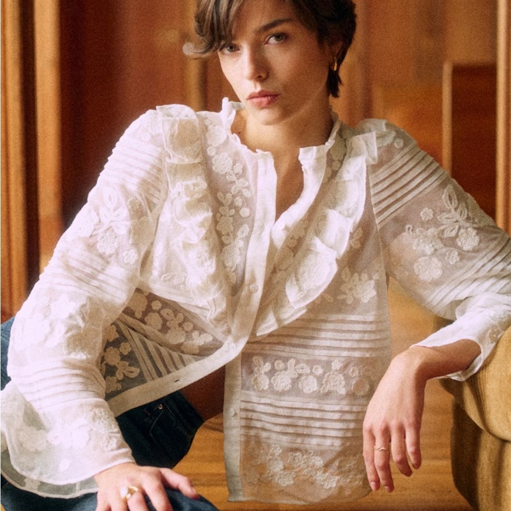 Sezane Nele Shirt Plain Ecru Embroidery - Size 6